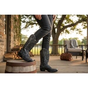 Corral Cowboy Boots Womens Distressed Black Studded Glitter Square Toe Size 7